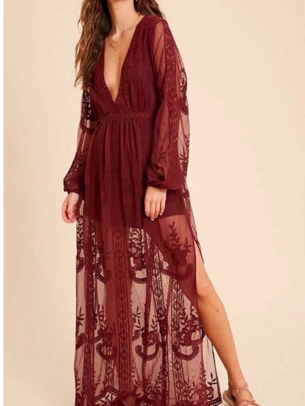 Wishlist Burgundy Lace Overlay Maxi Dress with Plunging V-Neck Size M
